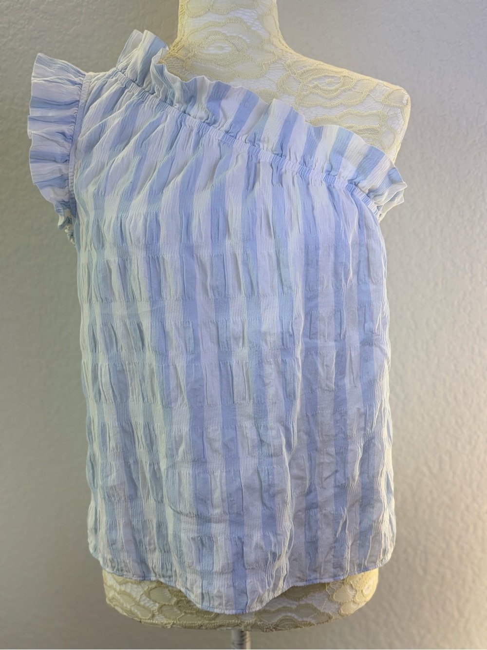 Mason’s Daughter Light Blue and White Striped One-Shoulder Ruffle Top Small